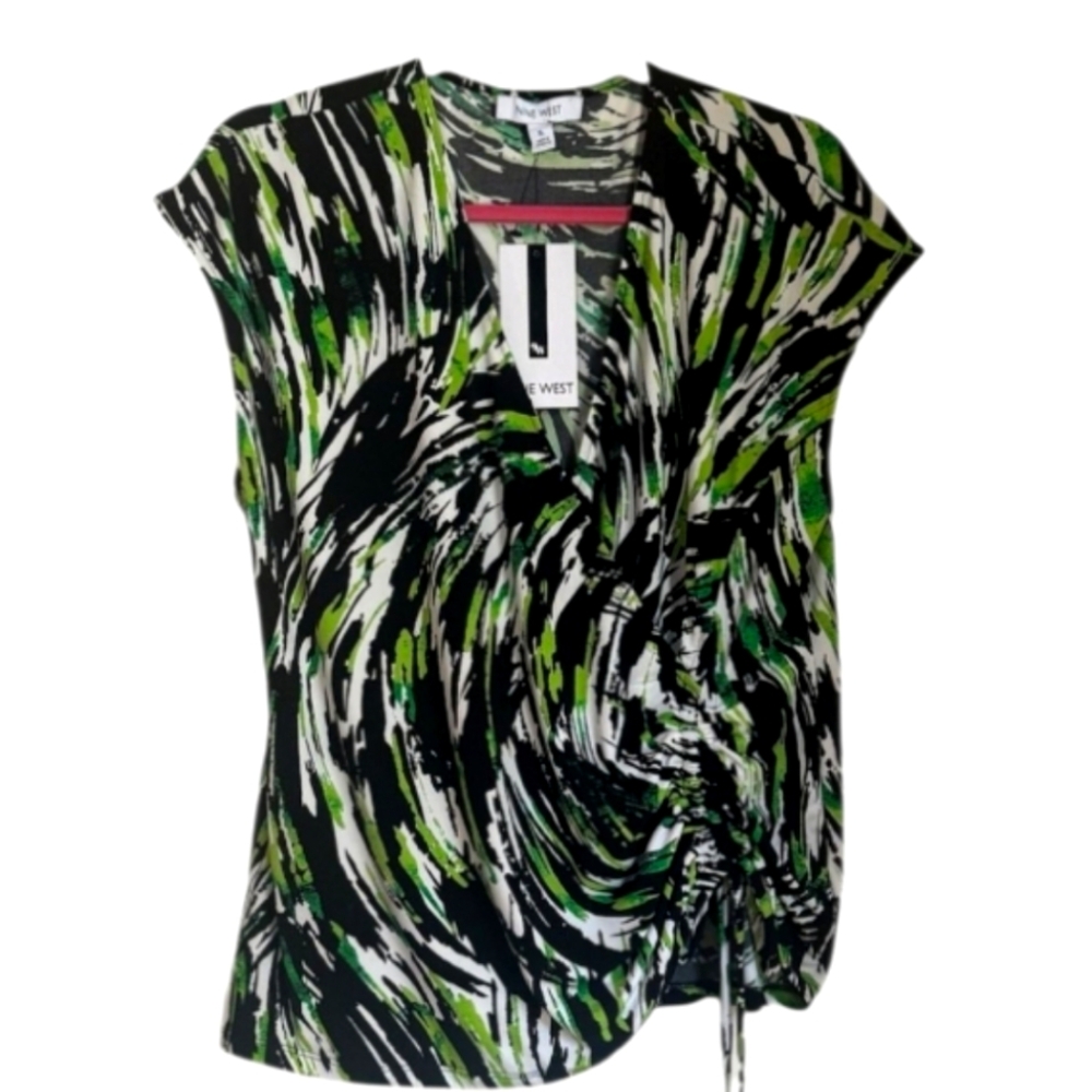 NWT NINE WEST Black White Green V-Neck Sexy Wrap Top with Tie‎ Size XL